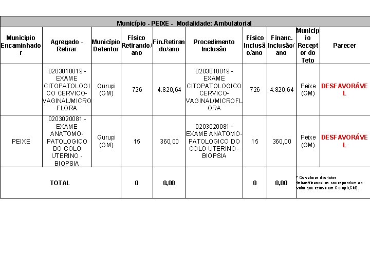 Município - PEIXE - Modalidade: Ambulatorial Municipio Encaminhado r Agregado Retirar Físico Município Fin.
