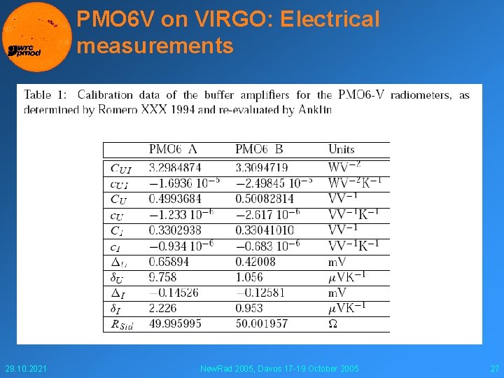 PMO 6 V on VIRGO: Electrical measurements 28. 10. 2021 New. Rad 2005, Davos