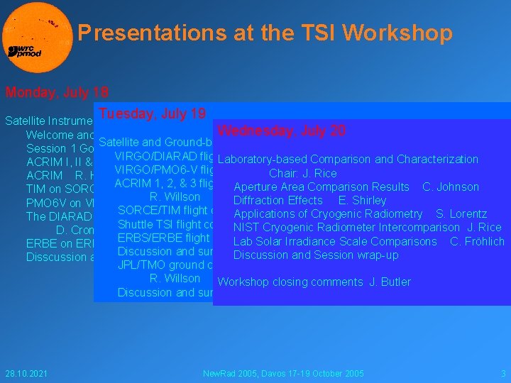 Presentations at the TSI Workshop Monday, July 18 Tuesday, July 19 Satellite Instrument TSI