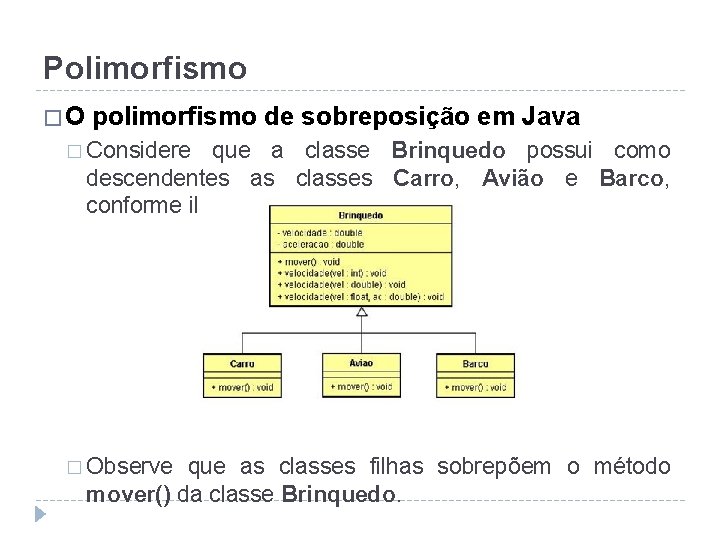 Polimorfismo �O polimorfismo de sobreposição em Java � Considere que a classe Brinquedo possui