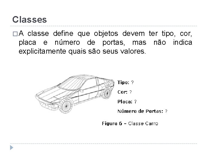 Classes �A classe define que objetos devem ter tipo, cor, placa e número de