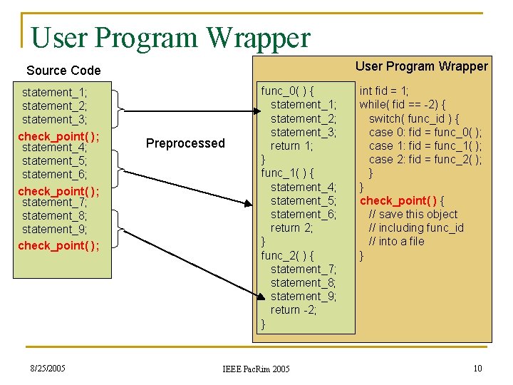 User Program Wrapper Source Code statement_1; statement_2; statement_3; check_point( ); statement_4; statement_5; statement_6; check_point(