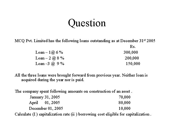 Question MCQ Pvt. Limited has the following loans outstanding as at December 31 st