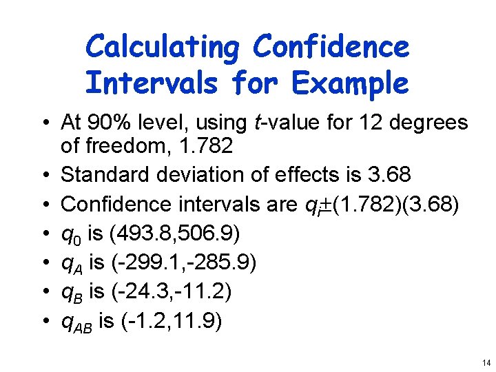 Calculating Confidence Intervals for Example • At 90% level, using t-value for 12 degrees