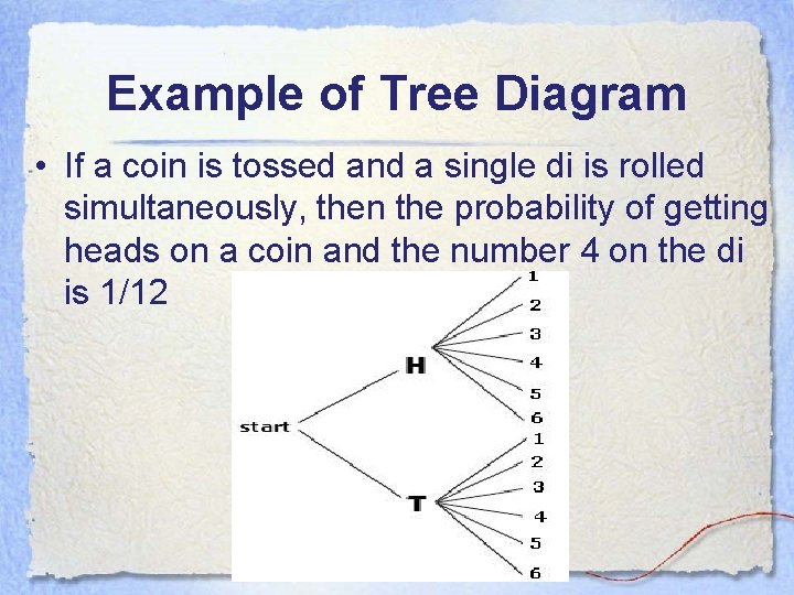 Example of Tree Diagram • If a coin is tossed and a single di