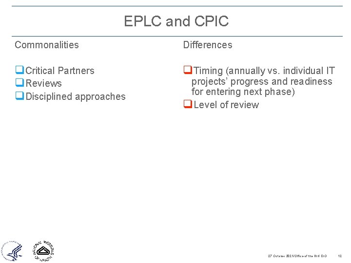 EPLC and CPIC Commonalities Differences q. Critical Partners q. Reviews q. Disciplined approaches q.