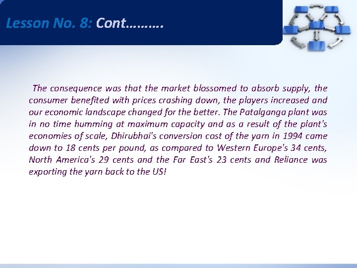 Lesson No. 8: Cont………. The consequence was that the market blossomed to absorb supply,