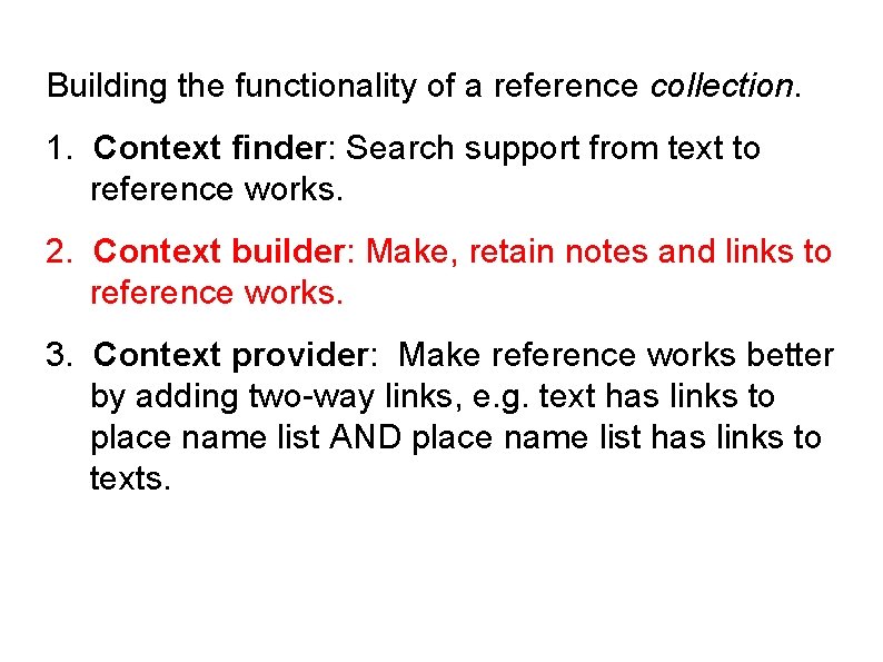 Building the functionality of a reference collection. 1. Context finder: Search support from text