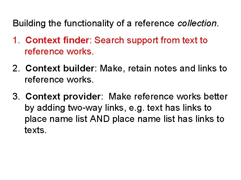 Building the functionality of a reference collection. 1. Context finder: Search support from text