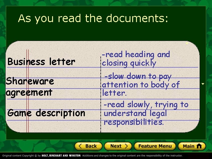 As you read the documents: Business letter Shareware agreement Game description -read heading and