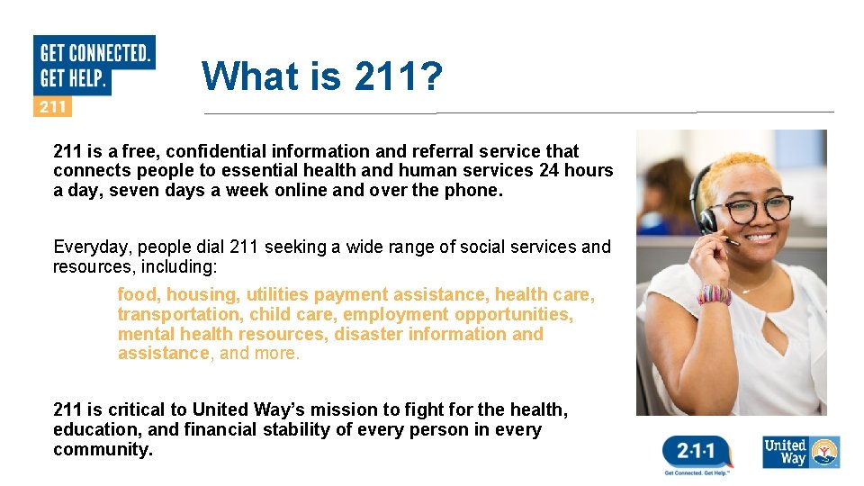 What is 211? 211 is a free, confidential information and referral service that connects
