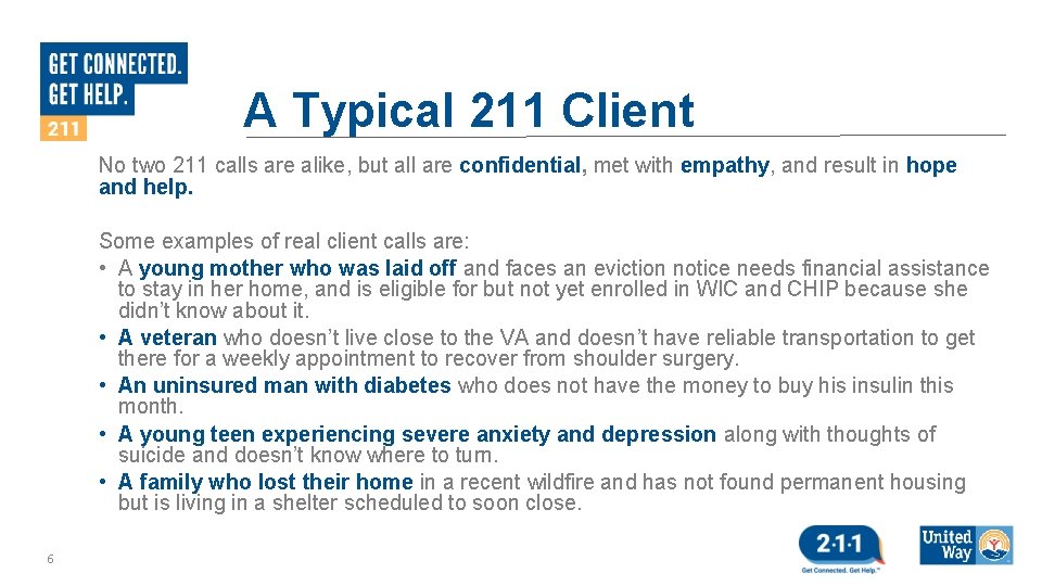 A Typical 211 Client No two 211 calls are alike, but all are confidential,