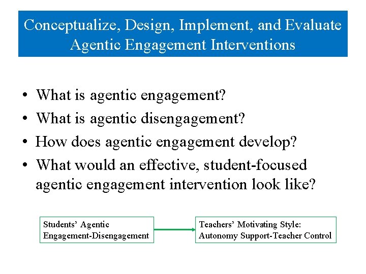 Conceptualize, Design, Implement, and Evaluate Agentic Engagement Interventions • • What is agentic engagement?