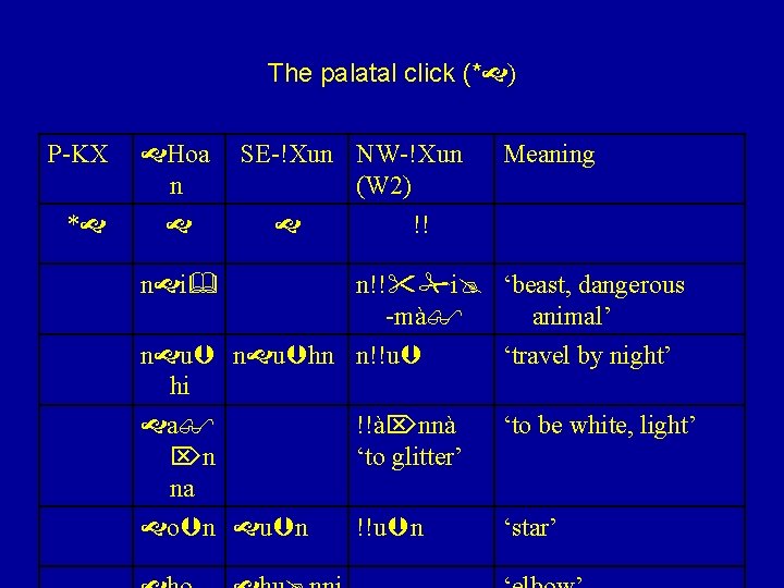 The palatal click (* ) P-KX * Hoa n SE-!Xun NW-!Xun (W 2) !!