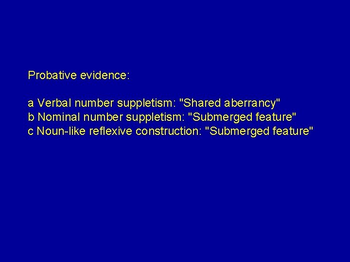 Probative evidence: a Verbal number suppletism: "Shared aberrancy" b Nominal number suppletism: "Submerged feature"
