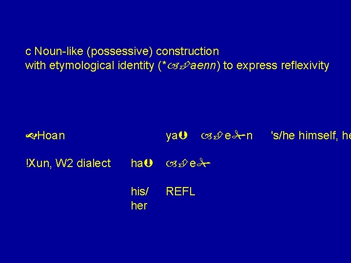 c Noun-like (possessive) construction with etymological identity (* aenn) to express reflexivity ya Hoan