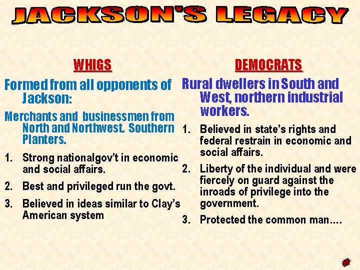 DEMOCRATS WHIGS Formed from all opponents of Rural dwellers in South and West, northern