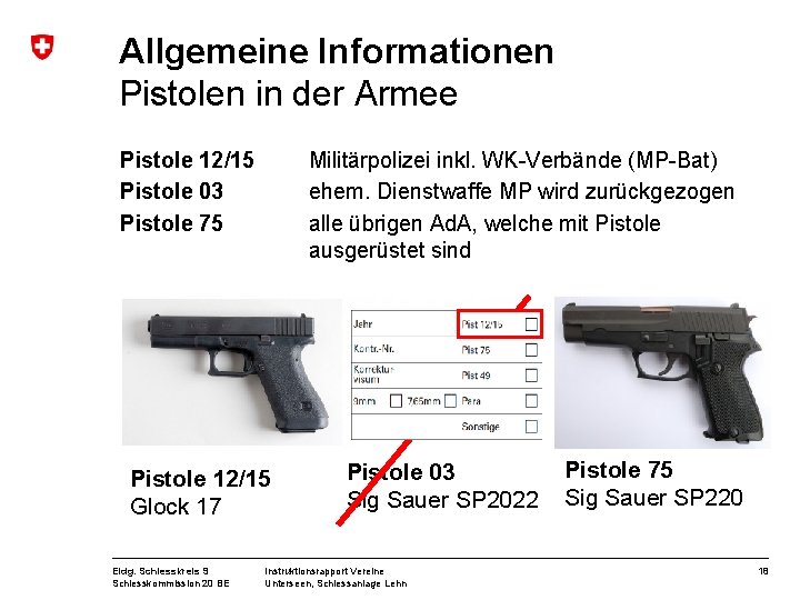 Allgemeine Informationen Pistolen in der Armee Pistole 12/15 Pistole 03 Pistole 75 Militärpolizei inkl.