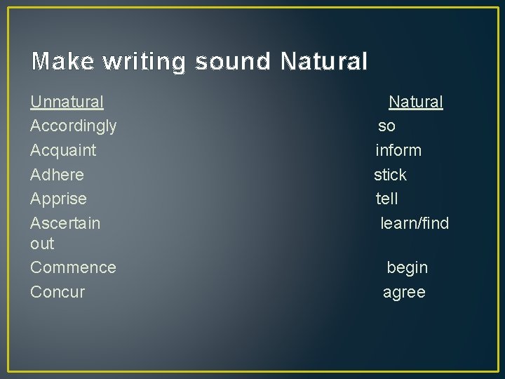 Make writing sound Natural Unnatural Accordingly Acquaint Adhere Apprise Ascertain out Commence Concur Natural