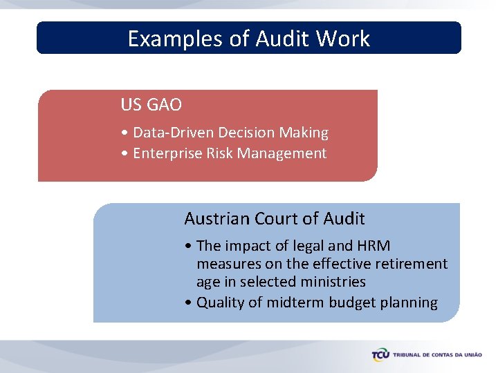 Examples of Audit Work US GAO • Data-Driven Decision Making • Enterprise Risk Management