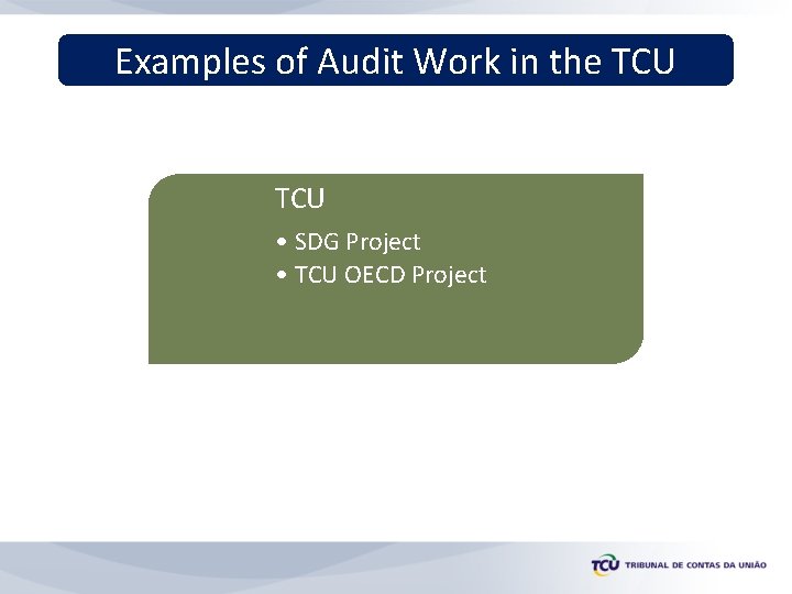 Examples of Audit Work in the TCU • SDG Project • TCU OECD Project