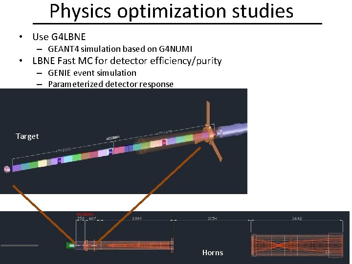 Physics optimization studies • Use G 4 LBNE – GEANT 4 simulation based on