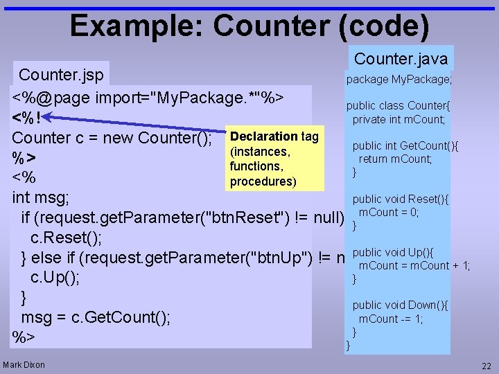 Example: Counter (code) Counter. java Counter. jsp package My. Package; <%@page import="My. Package. *"%>