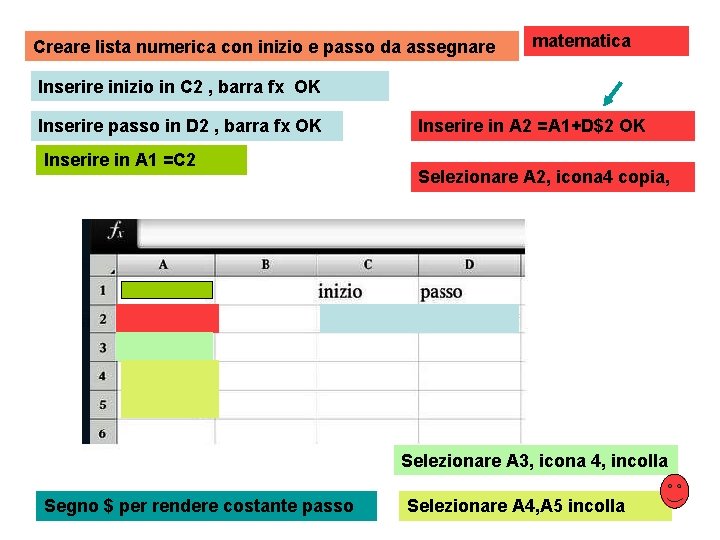 Creare lista numerica con inizio e passo da assegnare matematica Inserire inizio in C