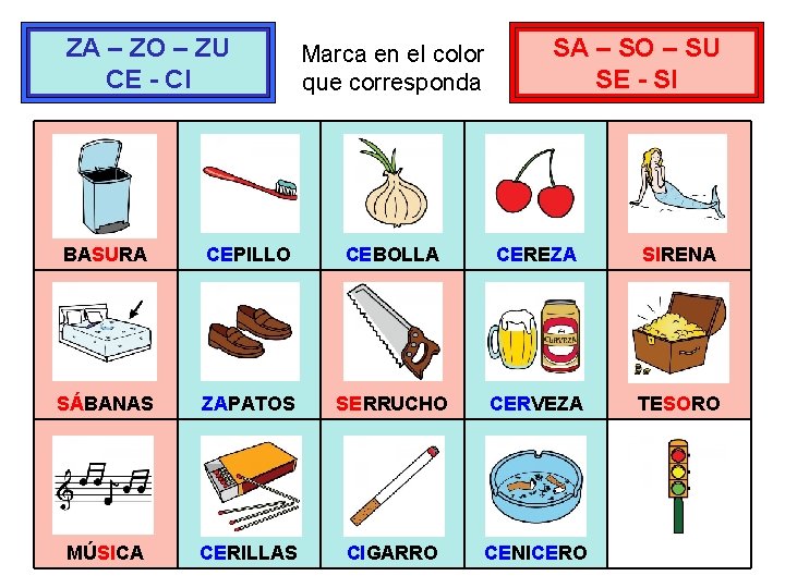 ZA – ZO – ZU CE - CI Marca en el color que corresponda