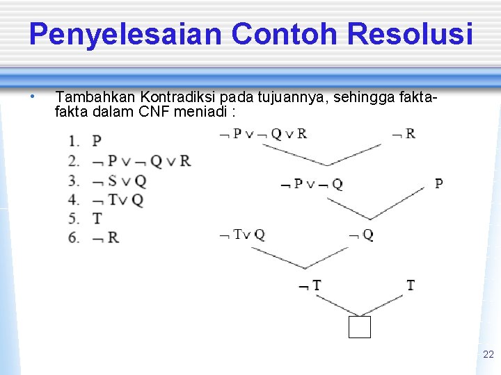 Penyelesaian Contoh Resolusi • Tambahkan Kontradiksi pada tujuannya, sehingga fakta dalam CNF menjadi :