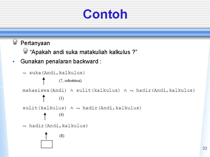 Contoh Pertanyaan “Apakah andi suka matakuliah kalkulus ? ” • Gunakan penalaran backward :