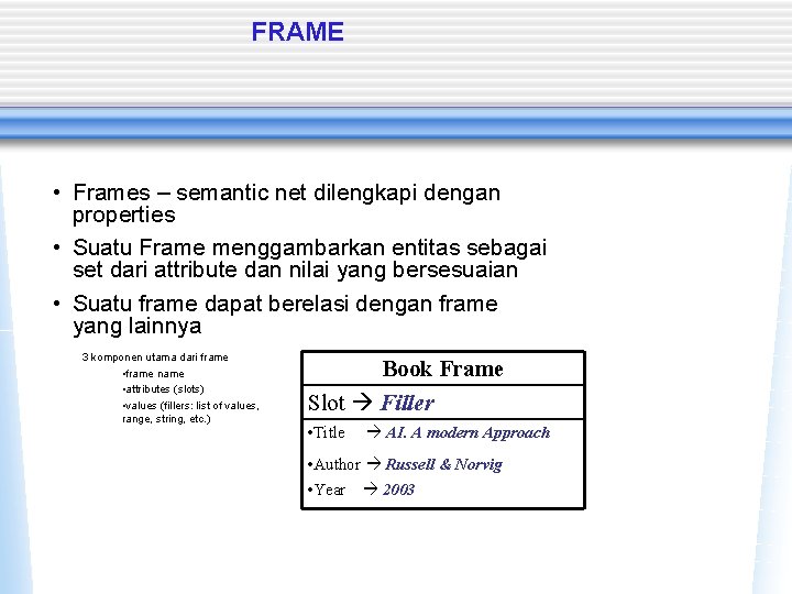 FRAME • Frames – semantic net dilengkapi dengan properties • Suatu Frame menggambarkan entitas