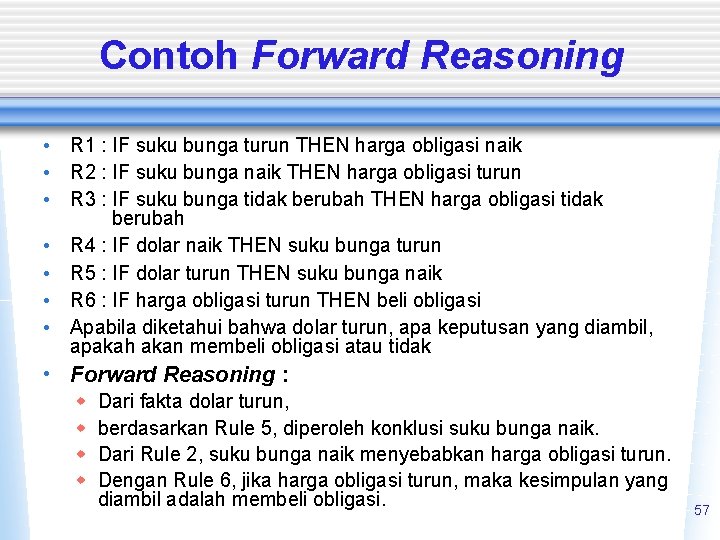 Contoh Forward Reasoning • R 1 : IF suku bunga turun THEN harga obligasi