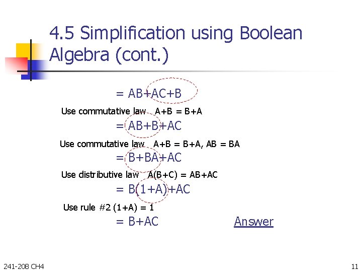 4. 5 Simplification using Boolean Algebra (cont. ) = AB+AC+B Use commutative law A+B