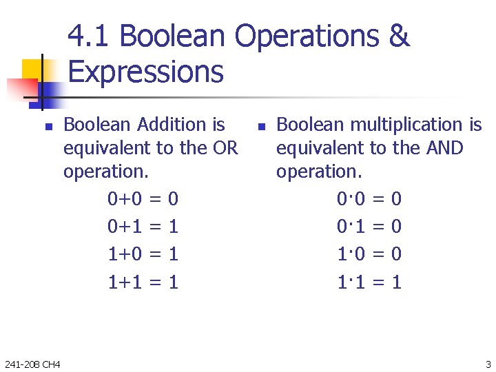 4. 1 Boolean Operations & Expressions n 241 -208 CH 4 Boolean Addition is