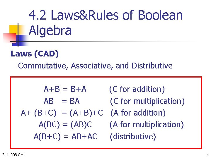 4. 2 Laws&Rules of Boolean Algebra Laws (CAD) Commutative, Associative, and Distributive A+B =