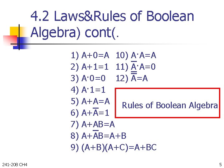 4. 2 Laws&Rules of Boolean Algebra) cont(. 1) 2) 3) 4) 5) 6) 7)