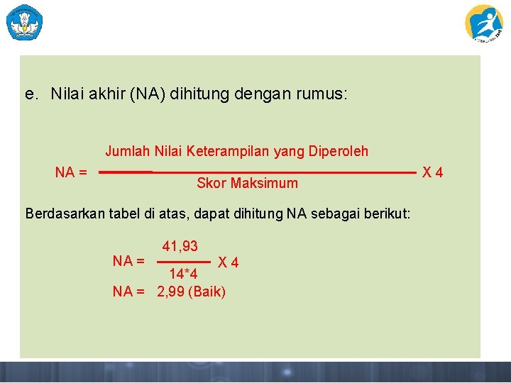 e. Nilai akhir (NA) dihitung dengan rumus: Jumlah Nilai Keterampilan yang Diperoleh NA =