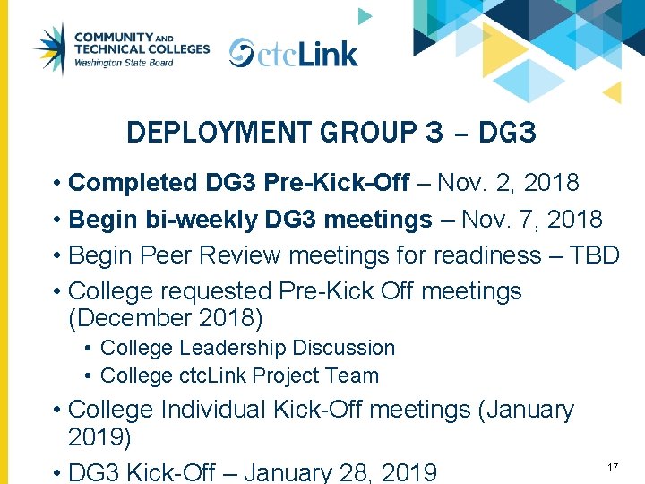 DEPLOYMENT GROUP 3 – DG 3 • Completed DG 3 Pre-Kick-Off – Nov. 2,