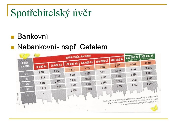 Spotřebitelský úvěr n n Bankovní Nebankovní- např. Cetelem 
