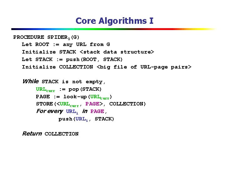 Core Algorithms I PROCEDURE SPIDER 1(G) Let ROOT : = any URL from G