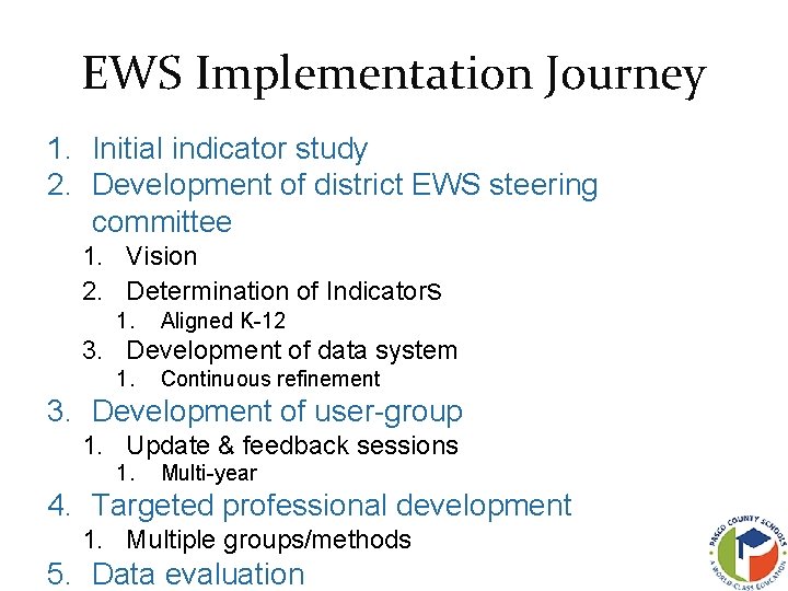 EWS Implementation Journey 1. Initial indicator study 2. Development of district EWS steering committee