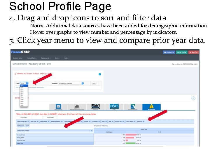 School Profile Page 4. Drag and drop icons to sort and filter data Notes: