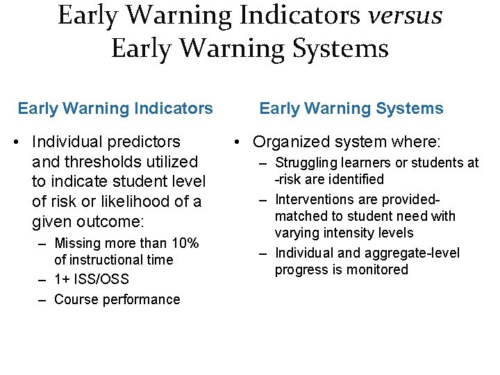 Early Warning Indicators versus Early Warning Systems Early Warning Indicators • Individual predictors and