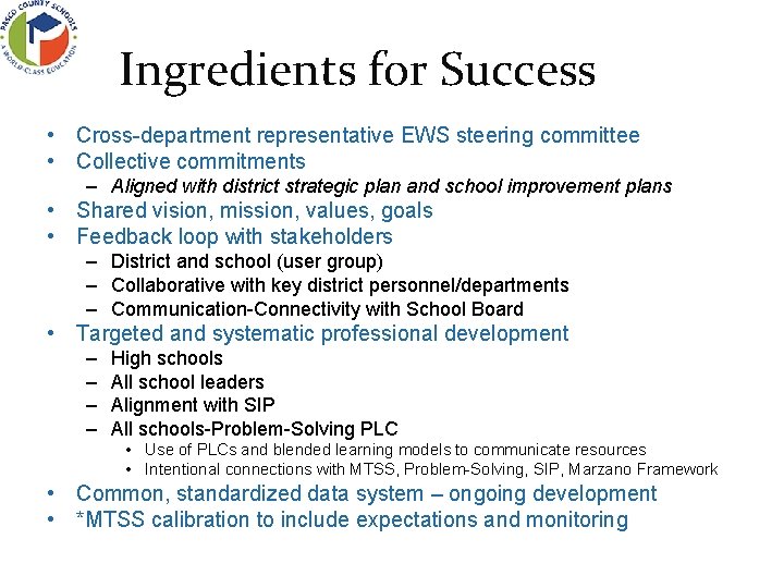 Ingredients for Success • Cross-department representative EWS steering committee • Collective commitments – Aligned