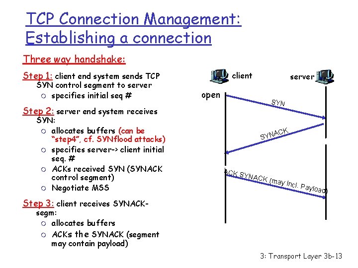 TCP Connection Management: Establishing a connection Three way handshake: Step 1: client end system