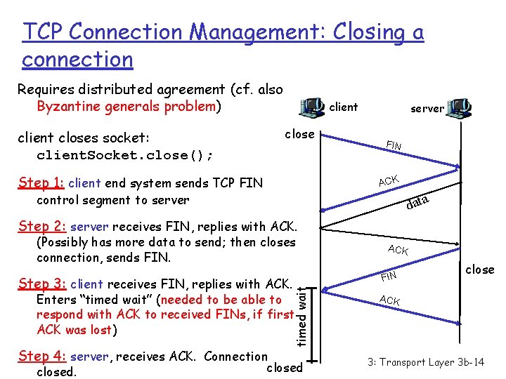 TCP Connection Management: Closing a connection Requires distributed agreement (cf. also Byzantine generals problem)