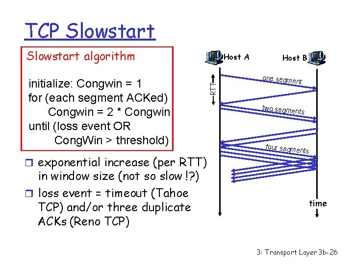 TCP Slowstart algorithm r exponential increase (per RTT) in window size (not so slow