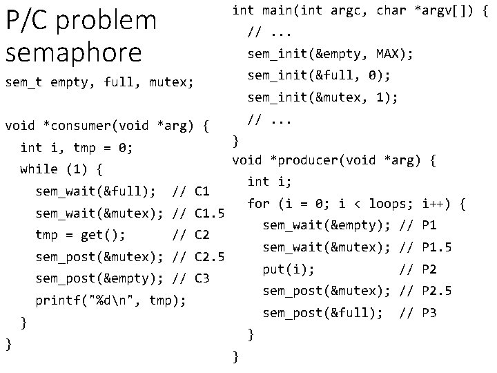 P/C problem semaphore int main(int argc, char *argv[]) { //. . . sem_init(&empty, MAX);