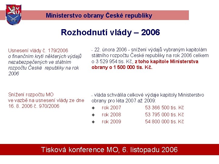 Ministerstvo obrany České republiky Rozhodnutí vlády – 2006 Usnesení vlády č. 179/2006 o finančním
